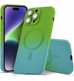 Husa Apple iPhone 13 Pro, Magsafe Ombre Silicone, geam protectie camere, verde/albastru