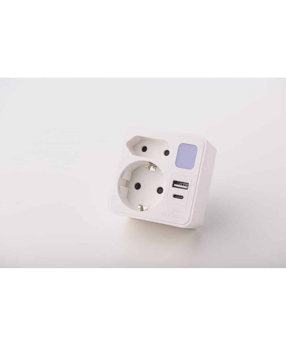 Adaptor dublu cu lumina veghe, 1xSchucko+1xEuro, USB 1xA+1xC, 16A, 250V alb Strohm / SM-A-CGZB2LU1
