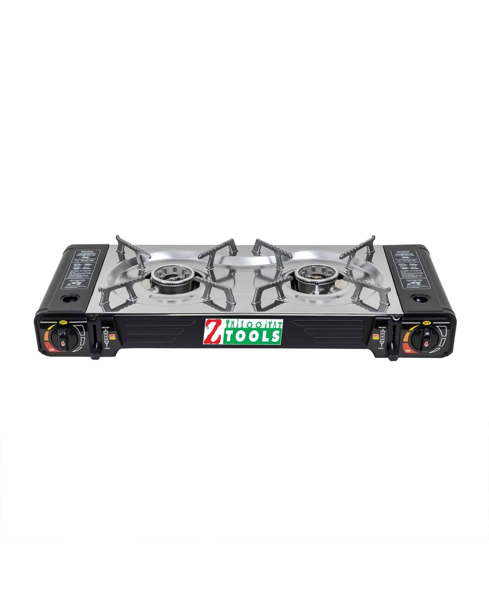Aragaz camping cu 2 ochiuri, aprindere electrica, putere 2x2.5kw, din inox cu tava gril si cutie de transportat / ZTS 5619