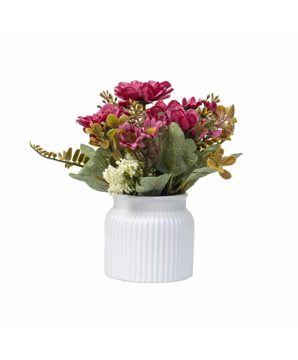 Aranjament floral, in ghiveci din ceramica, H 20, model crizantema, culoare roz / ZTS 8056