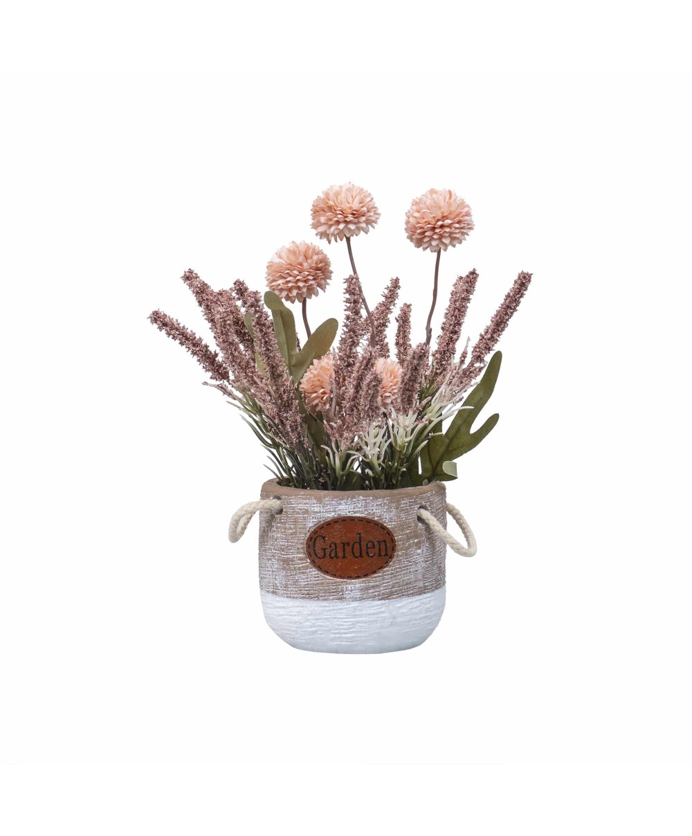 Aranjament floral, in ghiveci din ceramica, H27 crizantema si lavanda, culoare somon / ZTS 8054