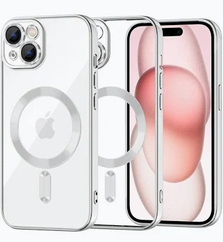 Husa Apple iPhone 15, Magsafe Electroplating TPU, protectie camera, margini argintii