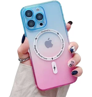 Husa Apple iPhone 14 Pro, Magsafe Gradient TPU, geam protectie camere, roz/albastru