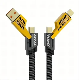 Cablu de date si incarcare 4 in 1, USB / Type C / Lightning, maxim 65W, impletit, plat, capete metalice