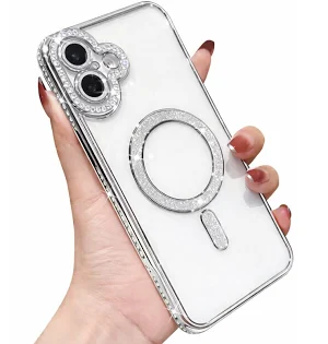 Husa Apple iPhone 16, Electroplating Bling Magsafe, protectie camera, margini argintii