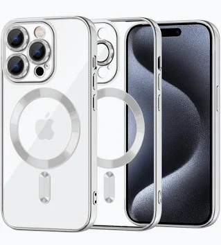 Husa Apple iPhone 15 Pro, Magsafe Electroplating TPU, protectie camera, margini argintii