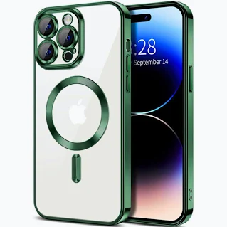 Husa Apple iPhone 14, Magsafe Electroplating TPU, protectie camera, margini verzi