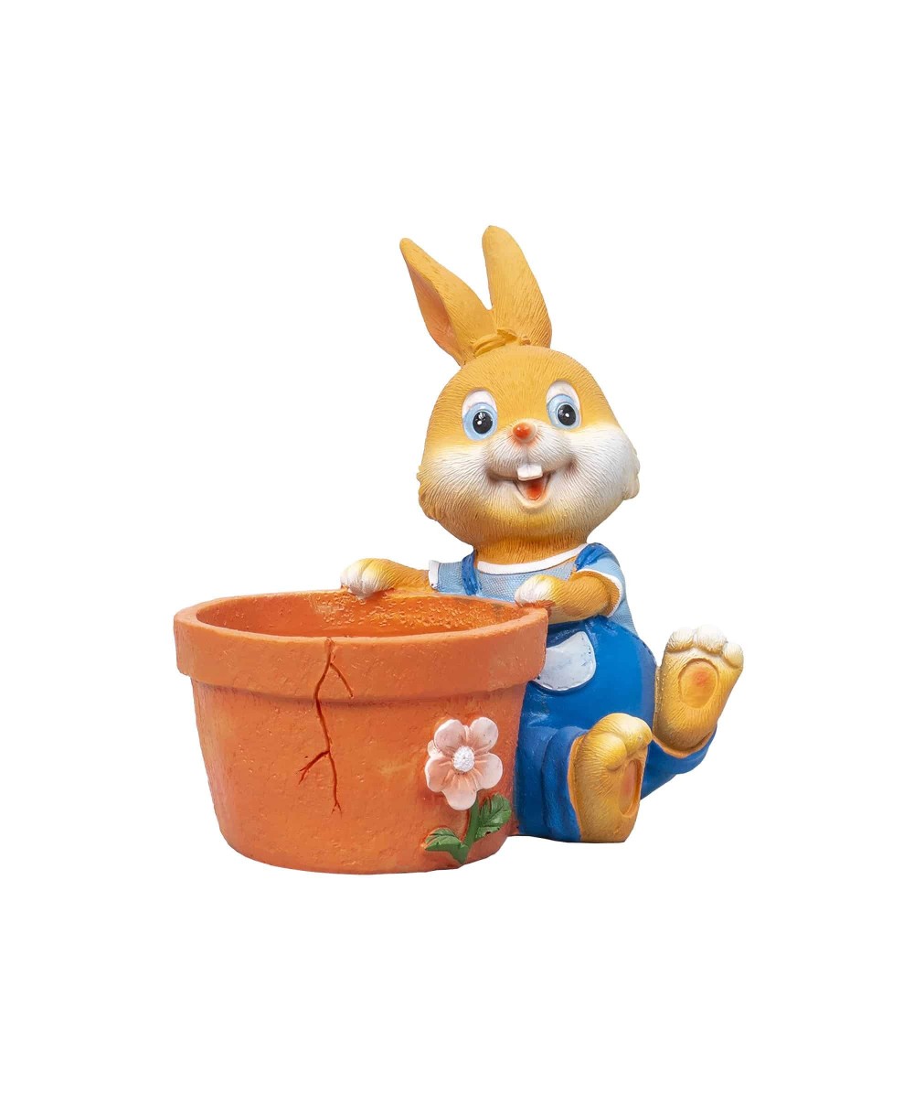 Decoratiune pentru gradina, din rasina, model iepure cu ghiveci pentru flori, inaltime 17cm, galben / ZTS 8075