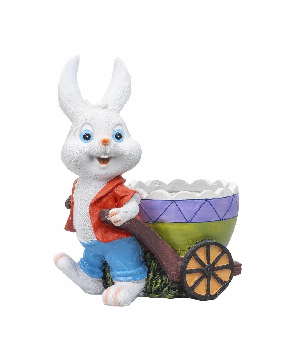 Decoratiune pentru gradina, din rasina, model iepure cu carucior, suport pentru flori, inaltime 23cm, alb / ZTS 8073