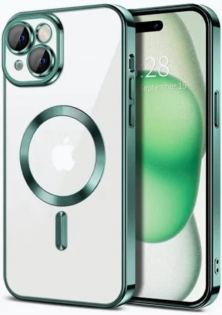 Husa Apple iPhone 15, Magsafe Colorful, spate transparent acryl, margini TPU verzi