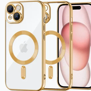 Husa Apple iPhone 15 Plus, Electroplated Magsafe TPU, transparenta cu marginii aurii