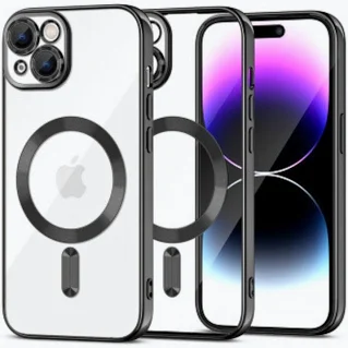Husa Apple iPhone 14, Magsafe Electroplating TPU, protectie camera, margini negre