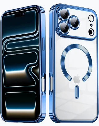 Husa Apple iPhone 17 Pro, Magsafe Electroplating TPU, protectie camera, margini albastre