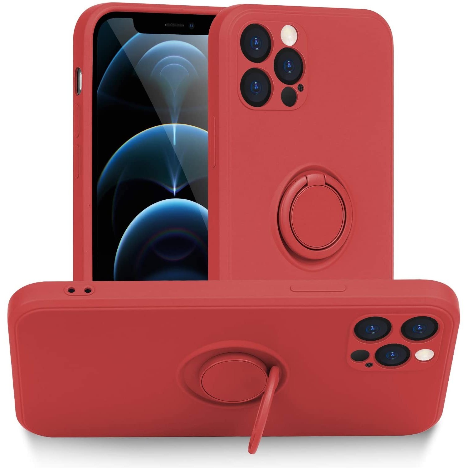 Husa Apple iPhone 13 Pro, Ring Silicone, suport sustinere rotativ, catifea in interior, rosie