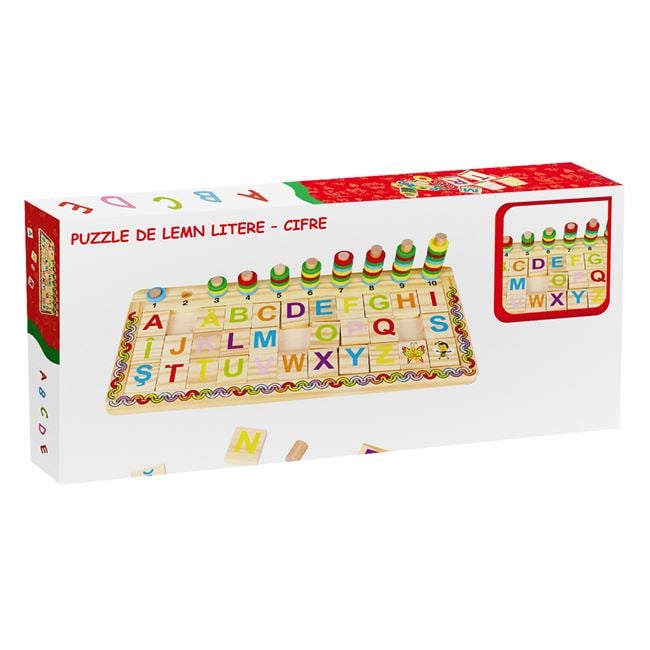 Puzzle Educativ din Lemn cu Alfabet & Cifre 41.5x19cm 3