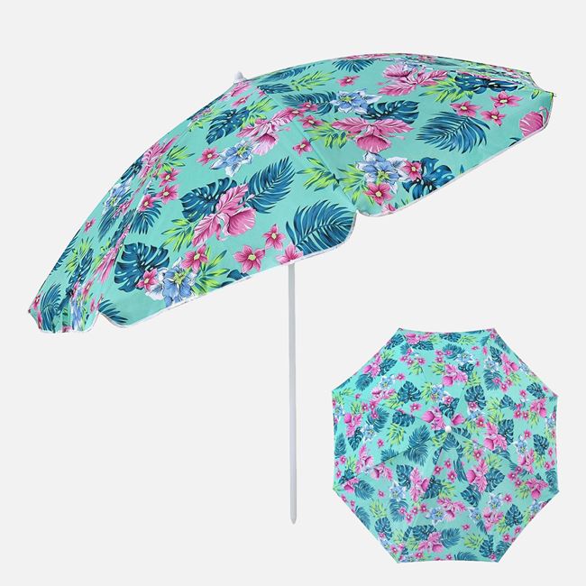 Umbrela Plaja Turcoaz cu Flori Fucsia & Cadru Metalic Ø2m 2