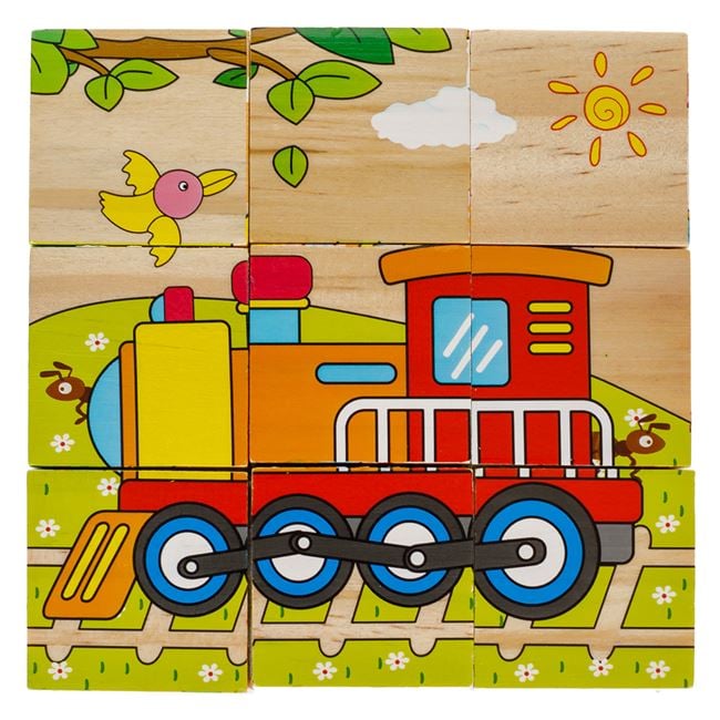 Cuburi din Lemn Puzzle Vehicule (9 Piese) 10.3x10.3x3.5cm
