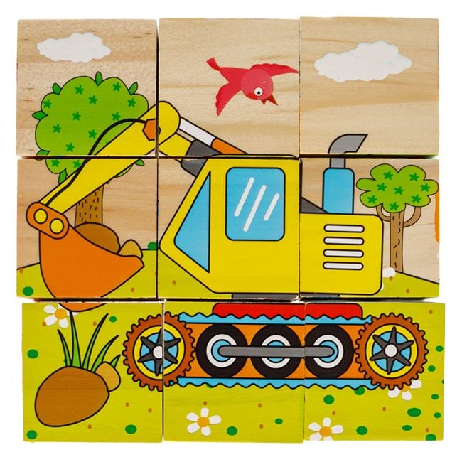 Cuburi din Lemn Puzzle Vehicule (9 Piese) 10.3x10.3x3.5cm 3