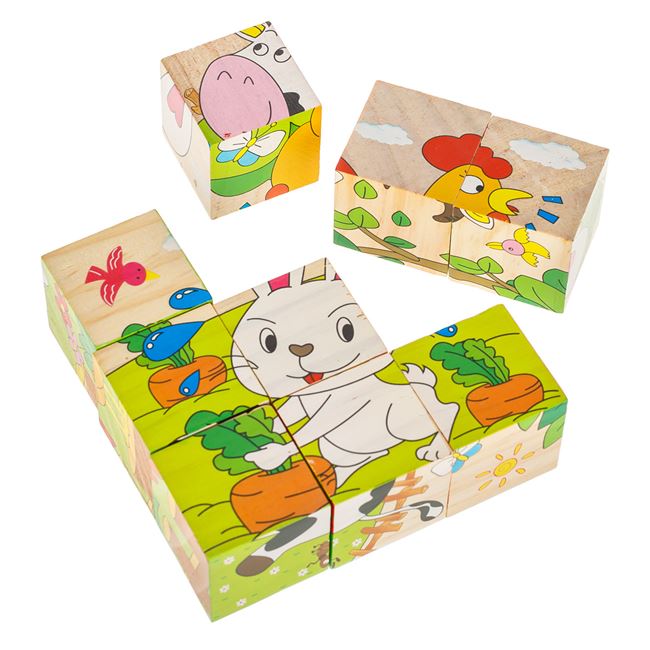 Cuburi din Lemn Puzzle Animale de la Ferma (9 Piese) 10.3x10.3x3.5cm 2