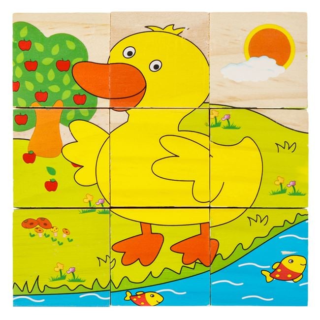 Cuburi din Lemn Puzzle Animale de la Ferma (9 Piese) 10.3x10.3x3.5cm 3
