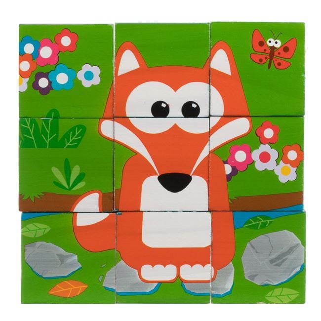 Cuburi Puzzle din Lemn Animale din Jungla 6 in 1 (9 piese) 10.3x10.3x3.5cm 3