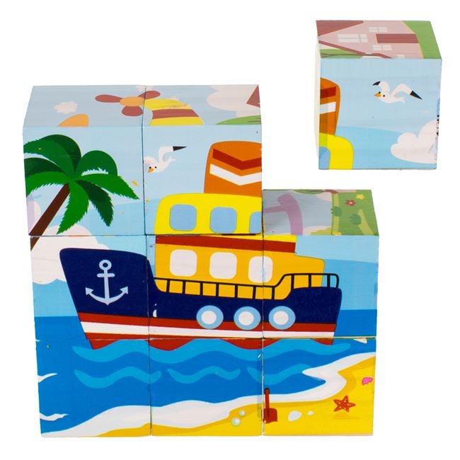 Cuburi din Lemn Puzzle Vehicule (9 Piese) 10,3x10,3x3,5cm