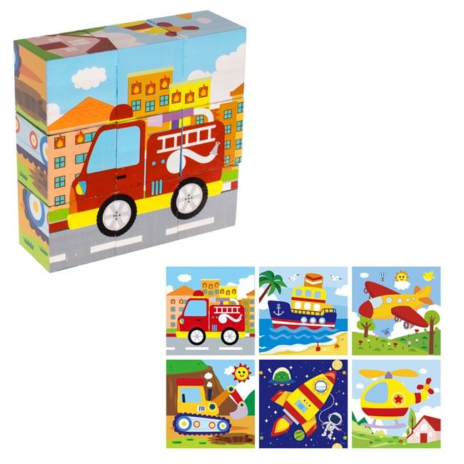 Cuburi din Lemn Puzzle Vehicule (9 Piese) 10,3x10,3x3,5cm 2