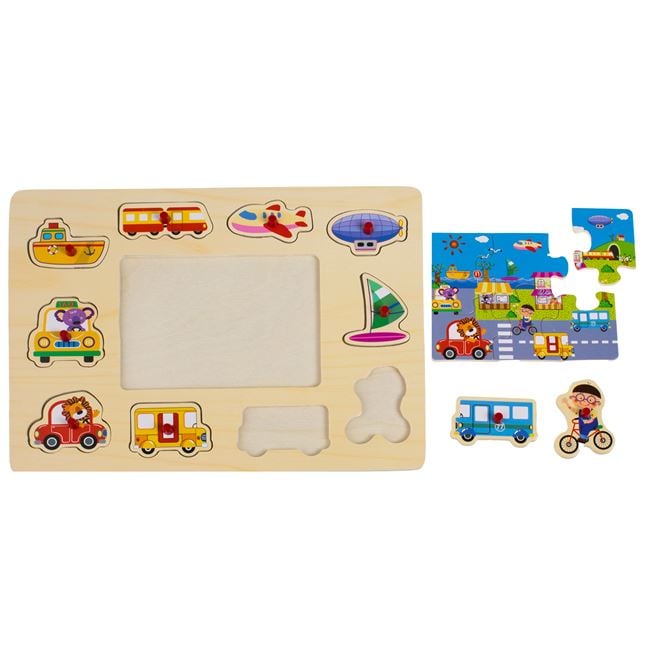 Puzzle din Lemn Drum cu Vehicule de Transport (10 piese) 30x22cm 2