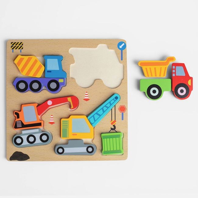 Puzzle din Lemn cu Vehicule de Constructii 19x19cm 2