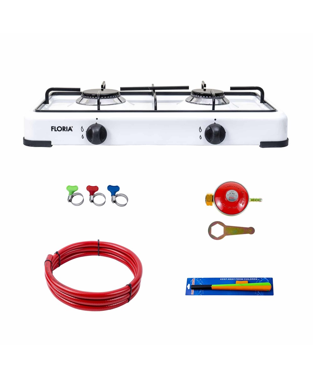 Pachet aragaz 2 ochiuri, 51×28 cm plus (ceas pentru butelie, 2 m furtun pentru gaz, 3 coliere pentru furtun, aprinzator) alb / ZLN 7129_1