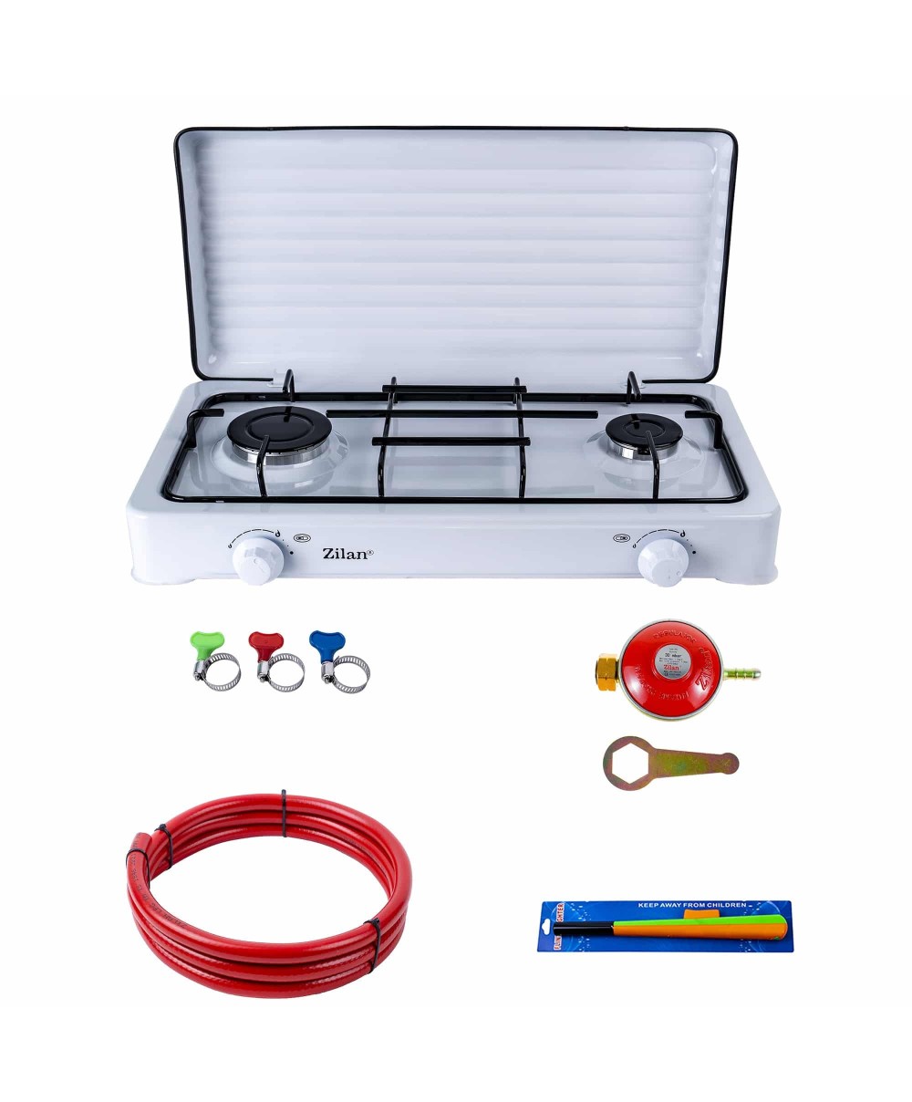 Pachet aragaz 2 ochiuri, 58x29 cm, plus (ceas pentru butelie, 2 m furtun pentru gaz, 3 coliere pentru furtun, aprinzator) ZLN 0025W_A