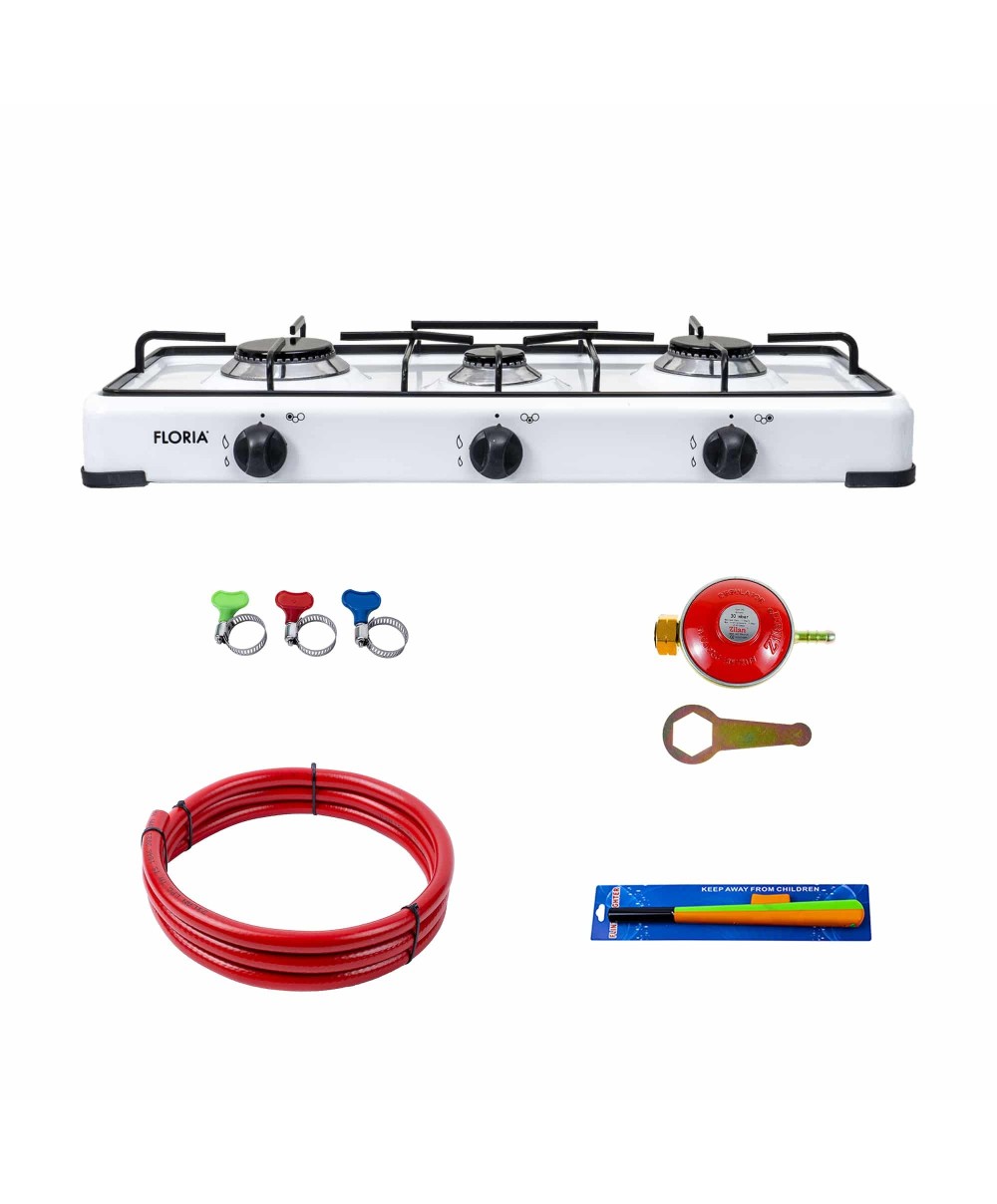 Pachet aragaz 3 ochiuri, 62×30 cm plus (ceas pentru butelie, 2 m furtun pentru gaz, 3 coliere pentru furtun, aprinzator) alb / ZLN 7139_1