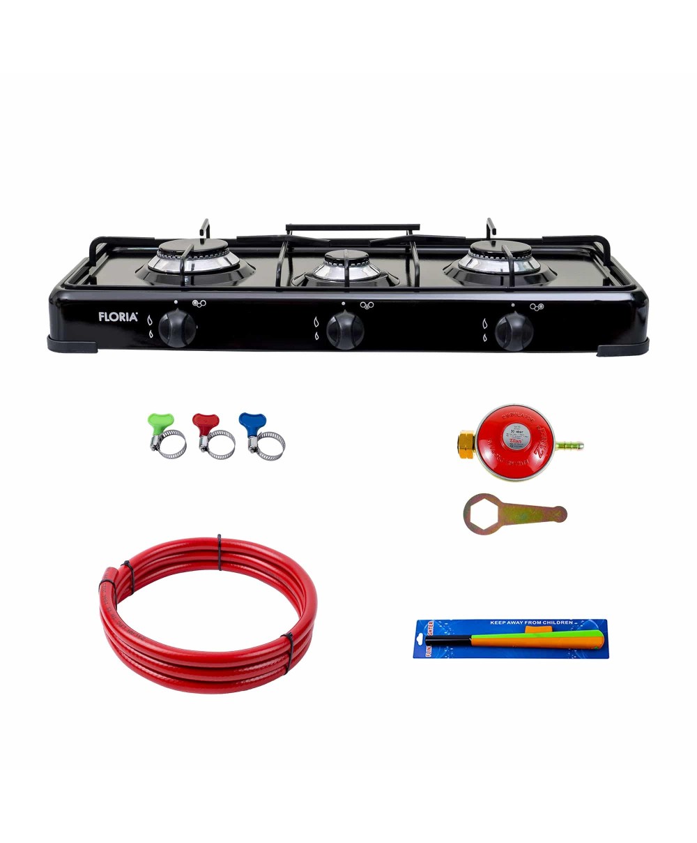 Pachet aragaz 3 ochiuri, 62×30 cm plus (ceas pentru butelie, 2 m furtun pentru gaz, 3 coliere pentru furtun, aprinzator) negru / ZLN 7138_1