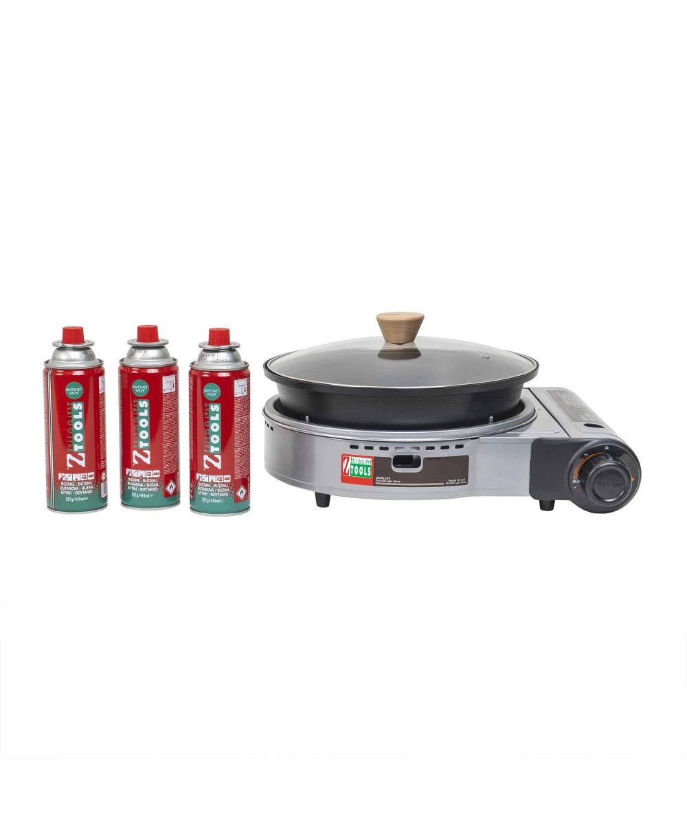 Pachet aragaz camping, cu oala si capac de sticla, putere 2.3kw, aprindere electrica, gri + 3 butelii 410ml / ZTS 5613_1