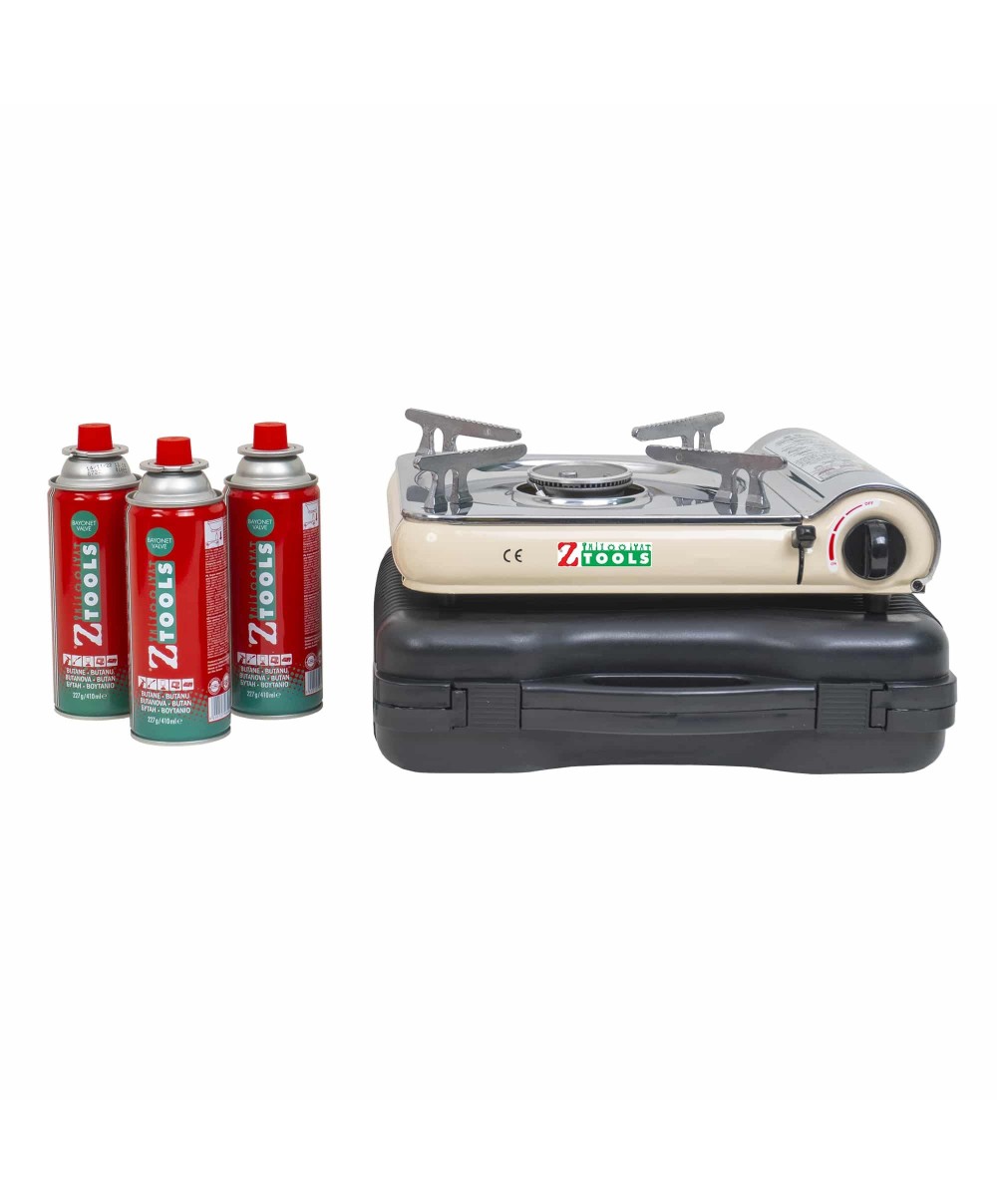 Pachet aragaz camping, din inox, aprindere electrica, putere 2.5kw, crem + 3 butelii 410ml / ZTS 5621_1