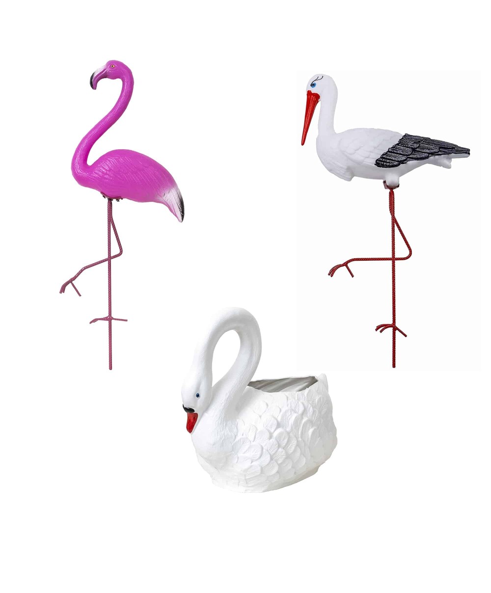 Pachet decor pentru gradina din plastic, flamingo, lebada si barza / EXT 10245