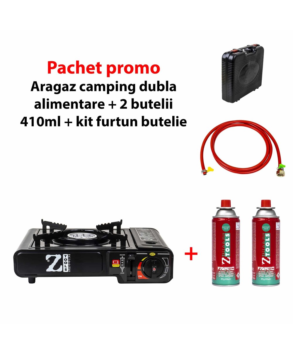Pachet promo - Aragaz camping, aprindere automata, negru, dubla alimentare + 2 butelii 410ml + kit alimentare butelie / SET 30060