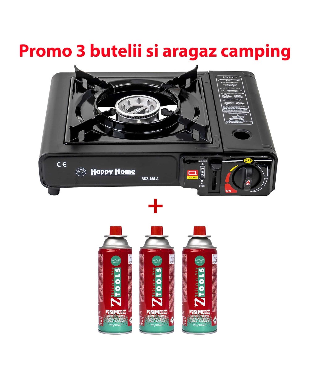Pachet promo - Aragaz camping, aprindere automata, negru, AD-1 + 3 butelii 410ml / SET 30059