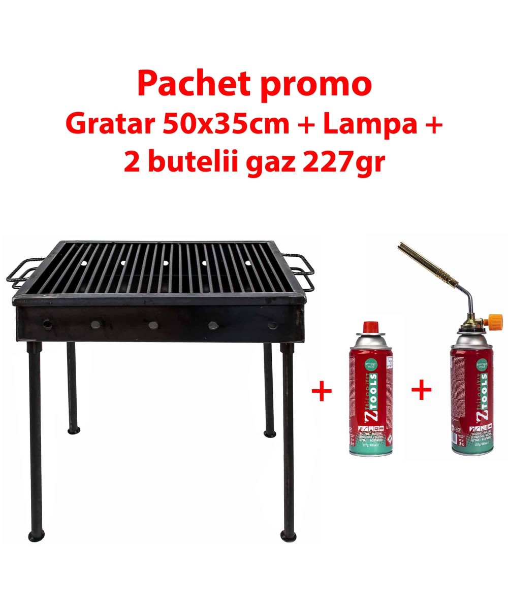 Pachet promo - Gratar metalic 50x35 (5208) + Lampa gaz (ZTS 5412) + 2 Butelii 227gr. (5214)