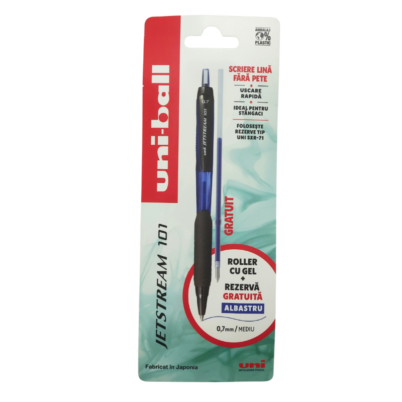 Pix Jetstream Uni-ball SXN-101, 0.7mm, cu mecanism, blister (pix + rezerva), scris albastru