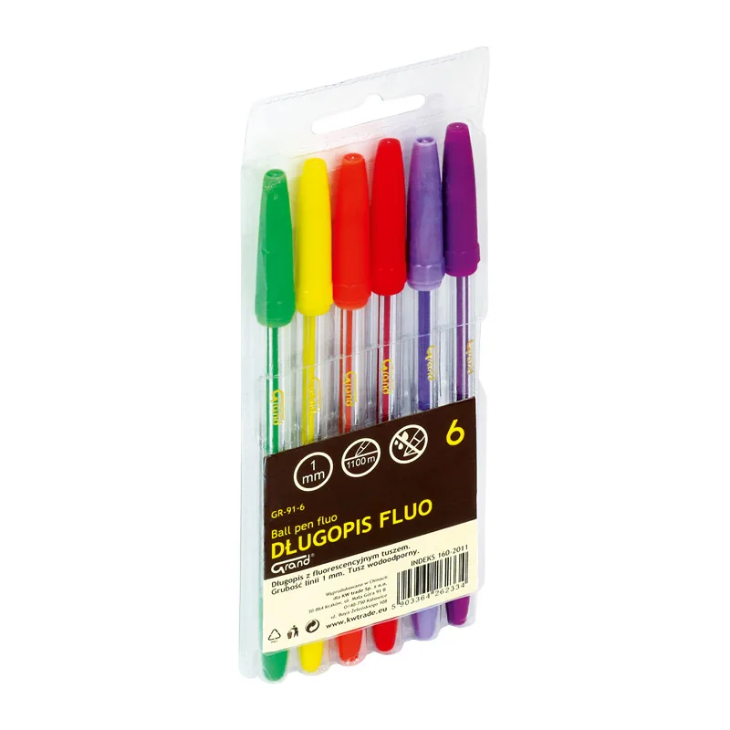 Pix cu bila Grand 160-2011, 1.0mm, cu capac, corp transparent, blister 6 culori (verde, galben, orange, rosu, mov, ciclam) 1