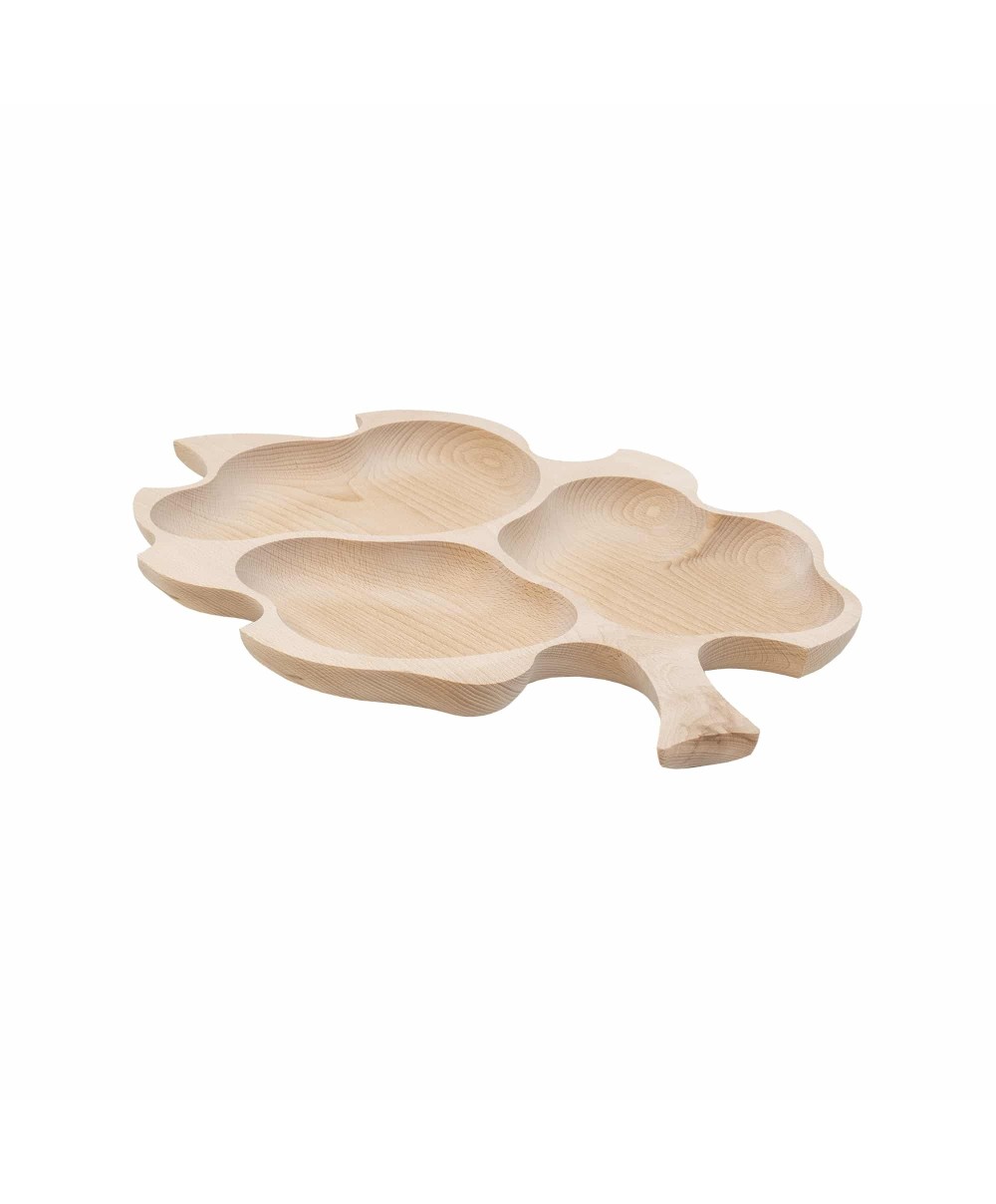 Platou pentru servire, din lemn de fag, in forma de frunza stejar mare, 3 compartimente, 52x38cm / EXT 6178