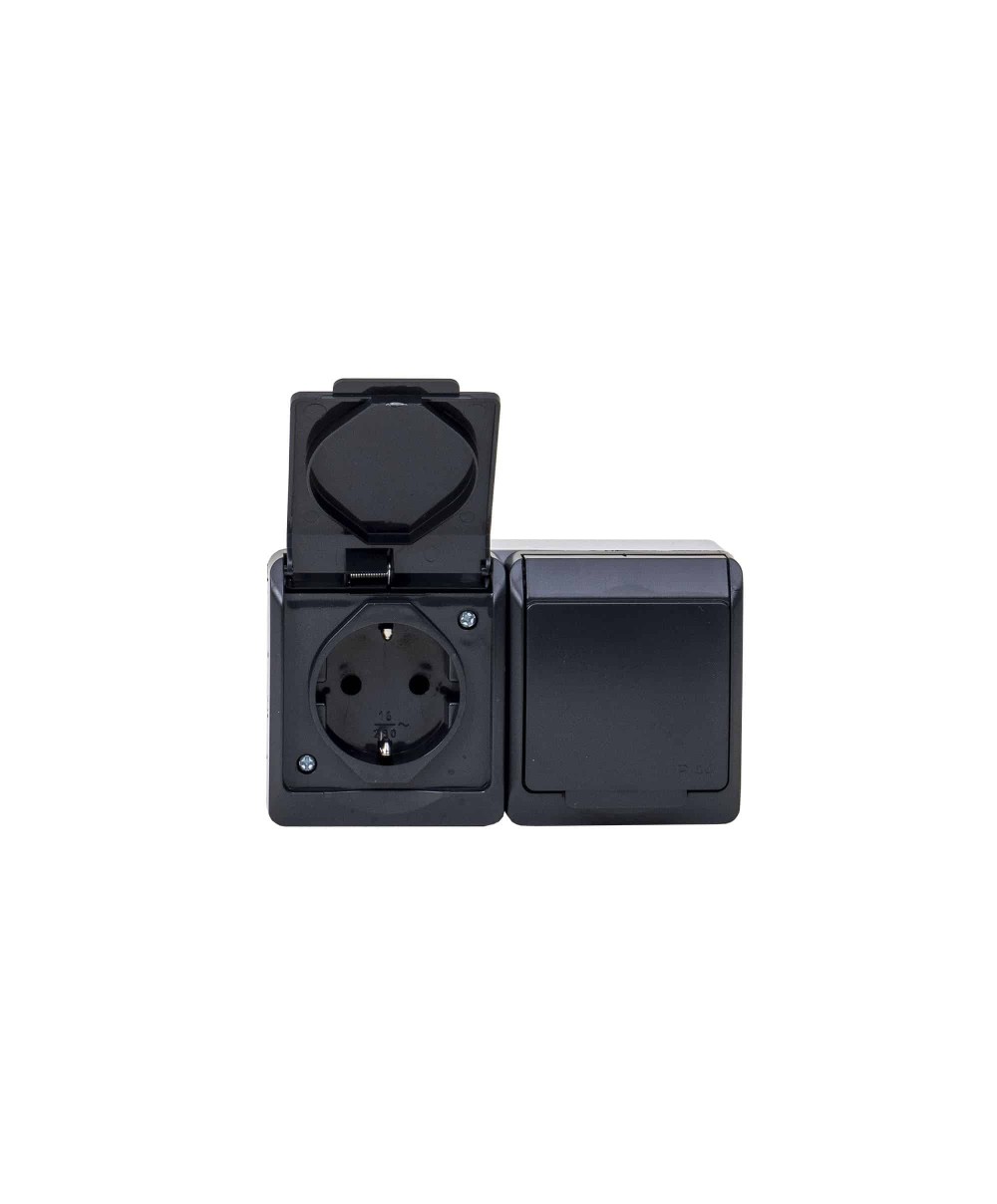 Priza dubla cu capac negru HERMES, 16A/250, IP44 / ELPL-0325-07