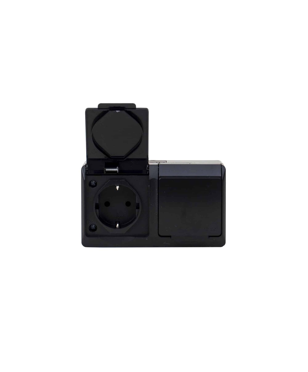 Priza dubla neagra cu capac HERMES, 16A/250, IP44 / ELPL-0325-09
