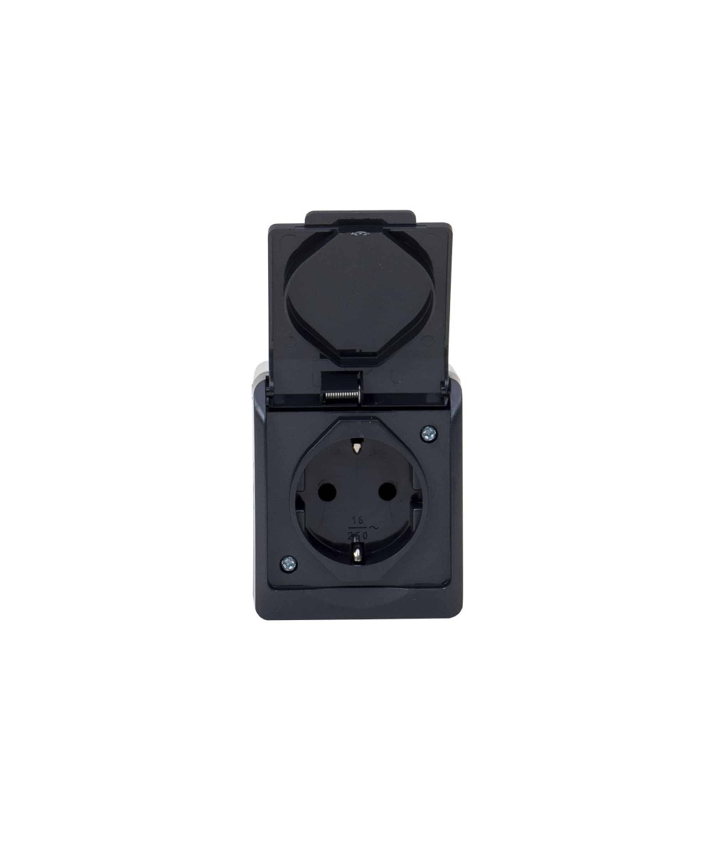 Priza simpla cu capac negru HERMES, 16A/250, IP44 / ELPL-0324-07