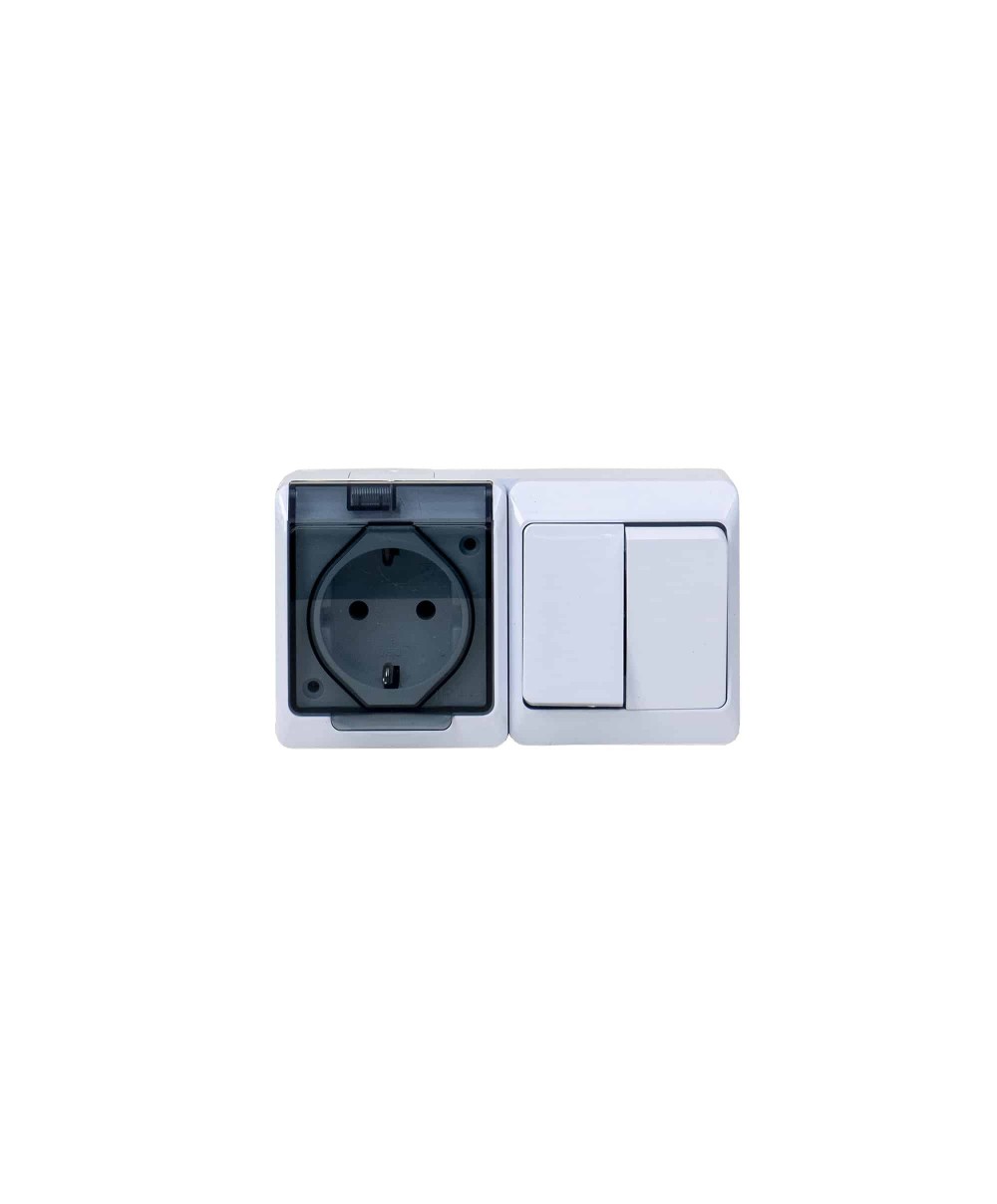 Priza simpla cu capac transparent, plus intrerupator dublu HERMES 16A/250, IP44 / ELPL-0327-03