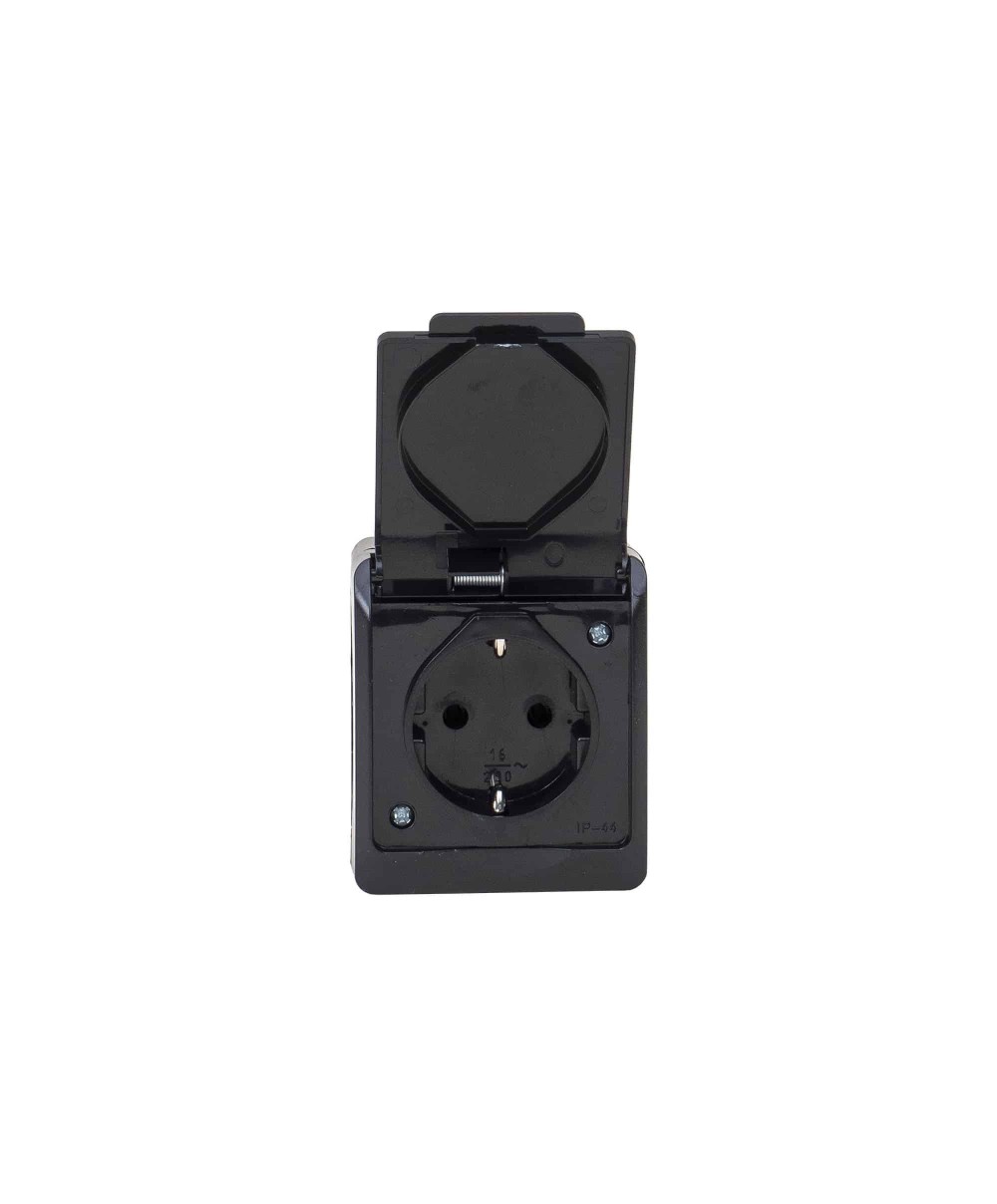 Priza simpla neagra cu capac HERMES, 16A/250, IP44 / ELPL-0324-09