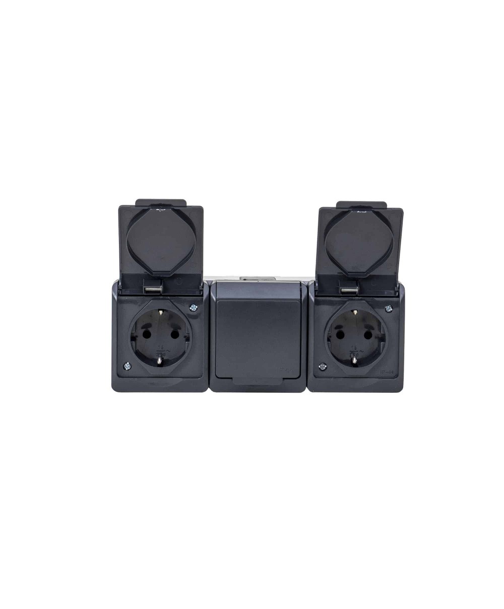 Priza tripla cu capac negru HERMES, 16A/250, IP44 / ELPL-0326-07