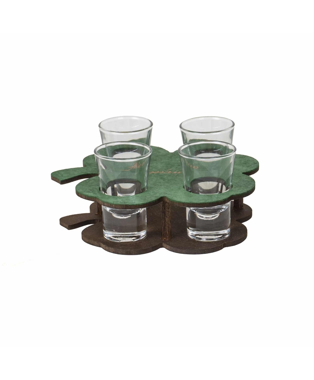 Set 4 pahare, cu suport lemn in forma de trifoi, 50ml / EXT 6091