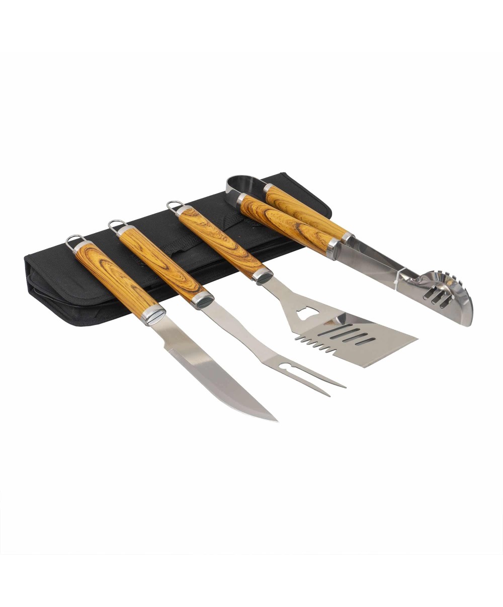Set 4 piese din inox si maner de lemn, pentru gratar plus borseta depozitare / ZTS 8329